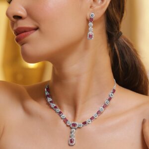 Rhodium Plated Ruby & Cubic Zicronia Studded Premium Drop Jewellery Set - Silver