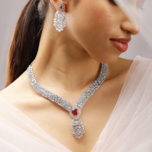 Rhodium-Plated Ruby Red & Cubic Zirconia Floral & Leaf-Inspired Luxe Jewellery Set - Red