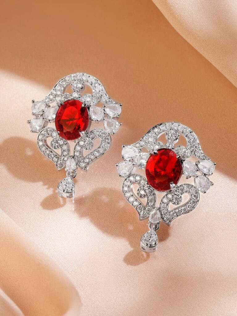 Rhodium-Plated Ruby Red Stone & White Cubic Zirconia Studded Classic Drop Earrings