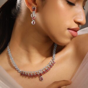 Rhodium-Plated Ruby Red & White Cubic Zirconia Studded Elegant Necklace Set - Red