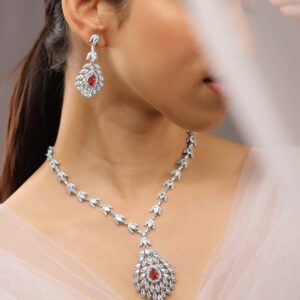 Rhodium-Plated Ruby Red & White Cubic Zirconia Studded Luxe Drop Necklace Set - Red