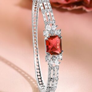 Rhodium-Plated Ruby Red & White Cubic Zirconia Studded Statement Bracelet - ruby