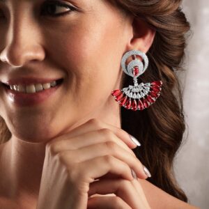 Rhodium Plated Ruby Ruby Red AD & Cubic Zirconia Studded Dangle Earrings - Silver::Red