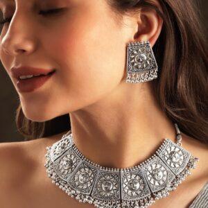 Rhodium plated Ruby Zirconia Studded Pendant Statement Luxury Necklace Set - Silver