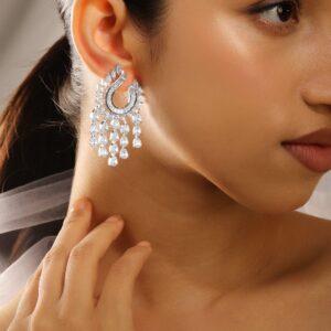 Rhodium-Plated Silver Tone Cascading Pear-Cut Cubic Zirconia Chandelier Earrings - Silver