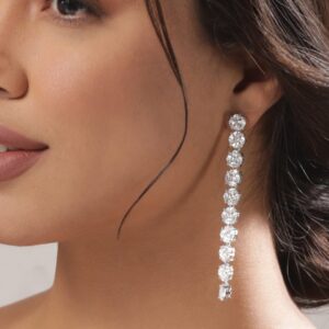 Rhodium Plated Silver Toned Cubic Zirconia Studded Contemporary Long Drop Earrings - Gold