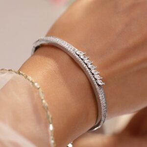 Rhodium-Plated Sleek Linear Bracelet with Marquise & Baguette Cubic Zirconia Accents