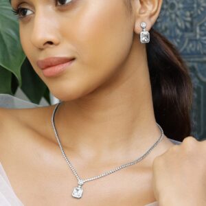 Rhodium-Plated Sparkling Cubic Zirconia Studded Pendant Necklace Set