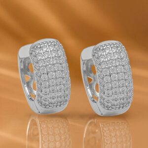 Rhodium-Plated Sparkling Cubic Zirconia Studded Wide Half-Hoop Earrings