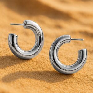 Rhodium-Plated Stainless Steel Tarnish-Free Waterproof Bold Hoop Earrings - Silver