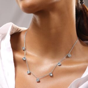 Rhodium-Plated Stainless Steel TarnishFree Waterproof Zirconia Heart Charm Necklace - Silver