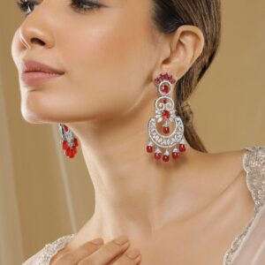 Rhodium-Plated Stone-Studded & Beaded Contemporary Drop Earrings - Silver