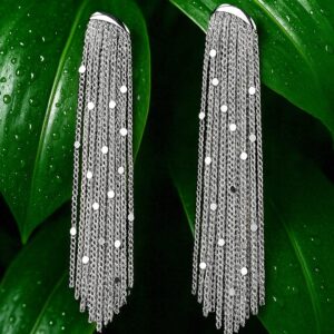 Rhodium-Plated Tassel Chain Statement Earrings - Silver