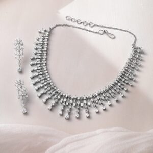 Rhodium-Plated White AD & Cubic Zirconia Studded Premium Necklace Jewellery Set - Silver