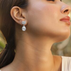 Rhodium Plated White Baguette Cubic Zirconia Studded Teardrop Earrings - Silver
