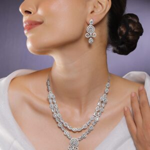 Rhodium-Plated White Baguette-Cut Cubic Zirconia Studded Luxe Double-Layer Necklace Set - White