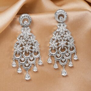 Rhodium-Plated White Cubic Zirconia Cascading Floral Chandelier Earrings - Silver 1