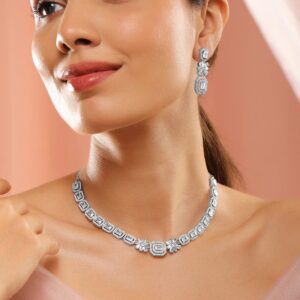 Rhodium Plated White Cubic Zirconia Stone Studded Floral Classic Jewellery Set - Silver