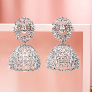 Rhodium Plated White Cubic Zirconia Studded Dome-Shaped Jhumka Earrings - Silver