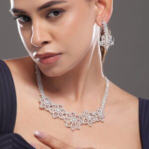 Rhodium-Plated White Cubic Zirconia Studded Floral Premium Jewellery Set