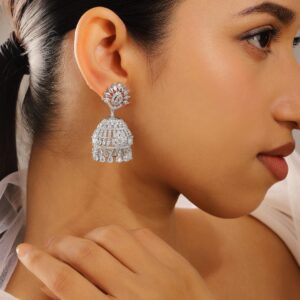 Rhodium-Plated White Cubic Zirconia Studded Statement Jhumka Earrings for Women - Silver
