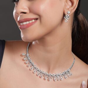 Rhodium-Plated White Cubic Zirconia Studded Teardrop Necklace Set