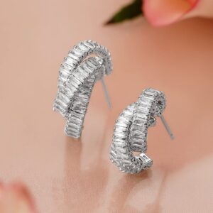 Rhodium-Plated White Cubic Zirconia Studded Textured Hoop Earrings