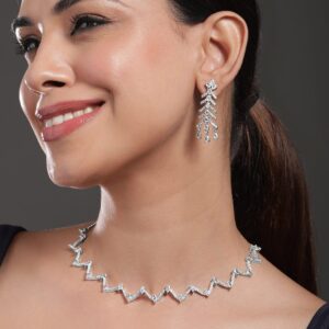 Rhodium-Plated White Cubic Zirconia Zigzag Design Necklace Set with Drop Earrings