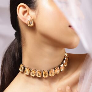 Rhodium-Plated Yellow Crystal Cubic Zirconia Studded Statement Choker Jewelry Set - Yellow