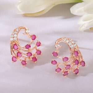 Rose-Gold Plated Peacock Shaped Ruby Studded Earrings - Rose gold