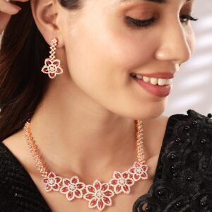 Rose Gold Plated Pleasing CZ Studded Statement Floral Necklace Set - Pink