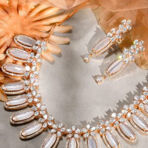 Rose Gold Plated White Beads American Diamond Necklace Set. - Rose Gold
