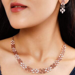Rose Gold Plated Zirconia Stone Studded Handcrafted Necklace Set. - Rose Gold
