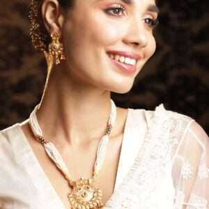 18K Gold Plated Ruby, Emerald Studded White Pearl Beaded Multistrand Floral Temple Jewellery Set - Gold
