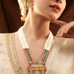 Sacred Love: Lord Krishna and Radha Temple Jewellery Gold Tone Pendant with Pearls Hanging and White Beads Chain Necklace Set - Gold