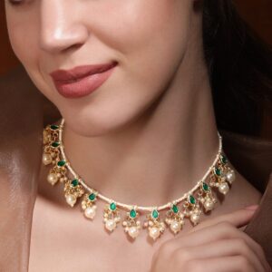 Serene Harmony Green Stone White Pearl Necklace - Gold::Green