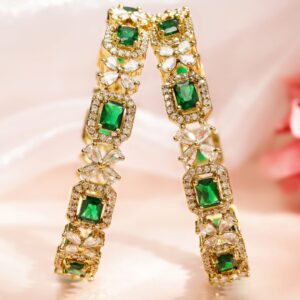 Set of 2 18K Gold-Plated Emerald Green & White Cubic Zirconia Studded Floral Bangle - 2.8