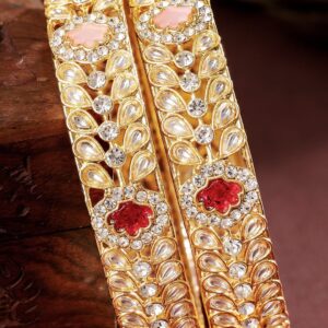 Set of 2 18K Gold-Plated Kundan & Multi-Colour Cubic Zirconia Stone Floral Bangles - 2.8