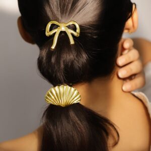 Set of 2 18K Gold Plated Luxe Bow & Sculpted Shell Design Hair Ties Accessories - Gold