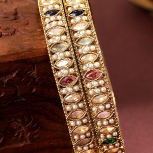 Set of 2 18K Gold-Plated Mini Pearl Studded & Multi-Coloured Stone Patterned Bangle - 2.6