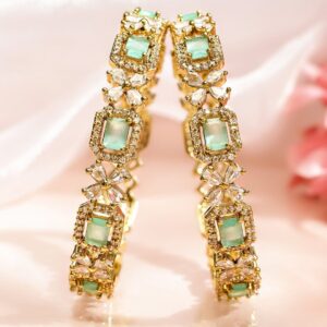 Set of 2 18K Gold-Plated Mint Green & White Cubic Zirconia Studded Floral Bangles - 2.8