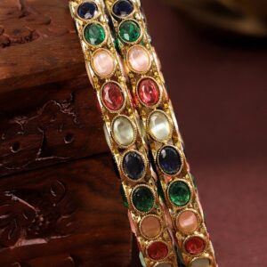 Set of 2 18K Gold-Plated Multi-Coloured Oval Stone Studded Designer Bangles - 2.4