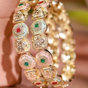 Set of 2 18K Gold-Plated Multicolor Enamel & Stone-Studded Floral Design Bangles - 02-Apr