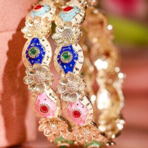 Set of 2 18K Gold-Plated Multicolor Enamel & Stone-Studded Floral Design Bangles - 02-Jun