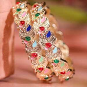 Set of 2 18K Gold-Plated Multicolor Enamel & Zirconia Stone Crescent Motif Bangles - 02-Aug