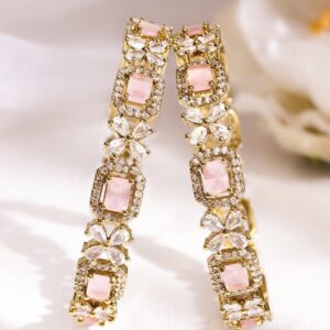 Set of 2 18K Gold-Plated Pastel Pink & White Cubic Zirconia Studded Floral Bangles - 2.6
