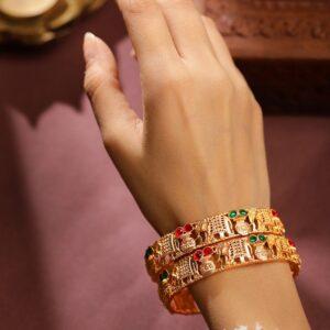 Set of 2 18K Gold Plated Rajwadi Polish Ruby & Emerald Studded Handcrafted Bangles - 2.8