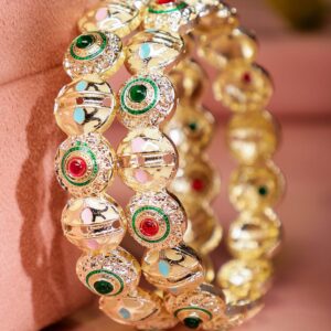 Set of 2 18K Gold Plated Red & Green Stone and Enamel Work Handcrafted Bangles - 02-Jun