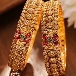 Set of 2 18K Gold-Plated Ruby Pink & Emerald Green Stone Studded Floral Bangles - 2.6