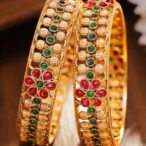 Set of 2 18K Gold-Plated Ruby Pink & Emerald Green Stone Studded Floral Bangles - 2.6